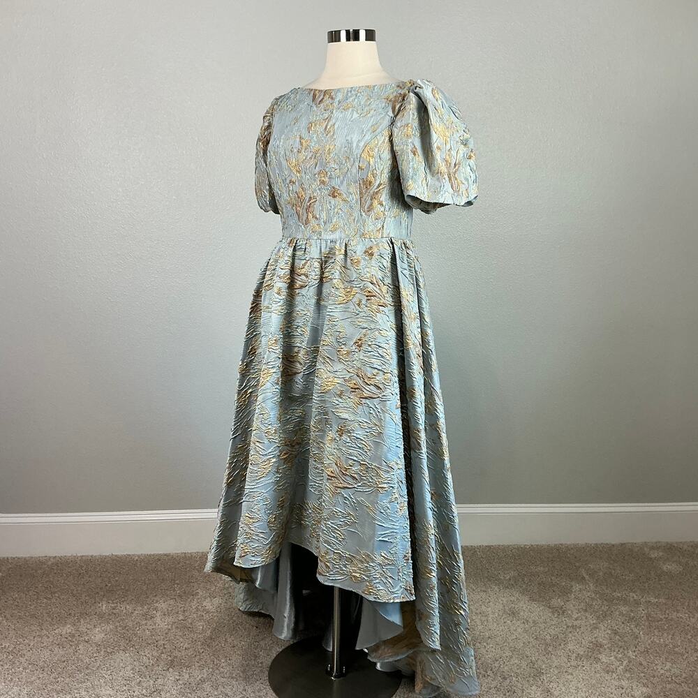 Mac Duggal 11608 Metallic Floral High Low Evening Gown Blue + Gold Size 14 Dress - Picture 5 of 12